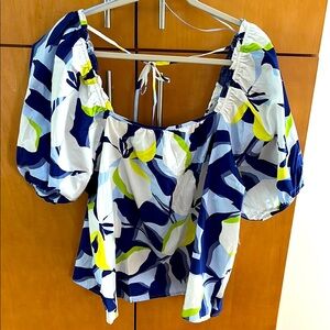 Nine West Blue and White Puff Sleeve Blouse - Size XXL